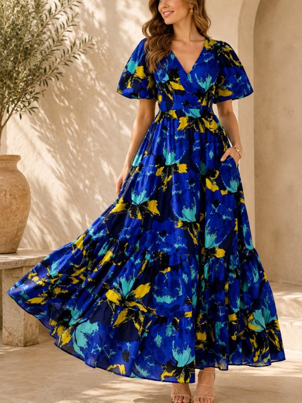 Christopher John Rogers x Target Floral Tiered Maxi Dress Blue Cotton 6
